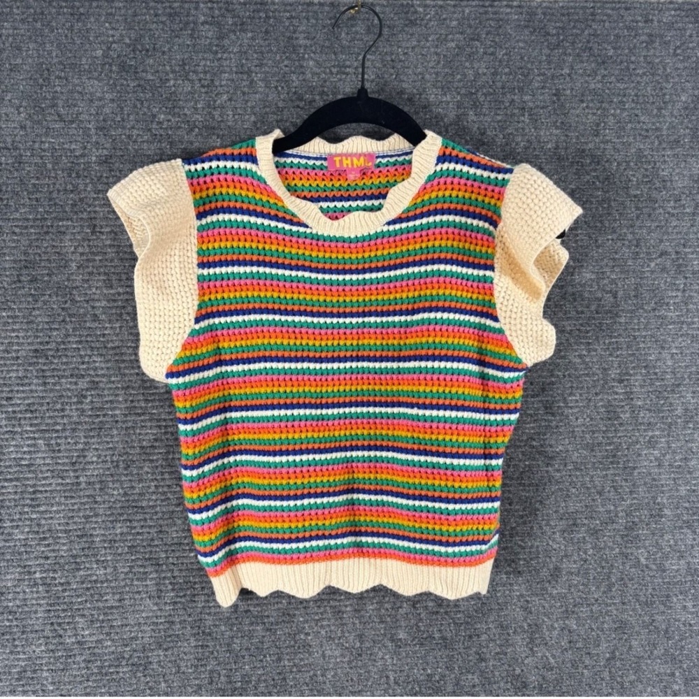 THML Rainbow Striped Ruffle Sleeve Knit Sweater Vest Multi Color Medium